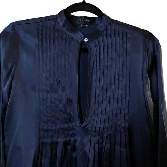 Theory Navy Blue Silk Pleated Front Long Sleeve Blouse - Picture 2 of 4